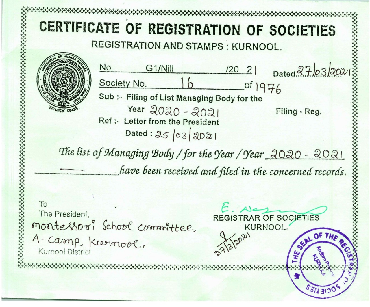 Certificate of registration Montessori English Medium Primary School 